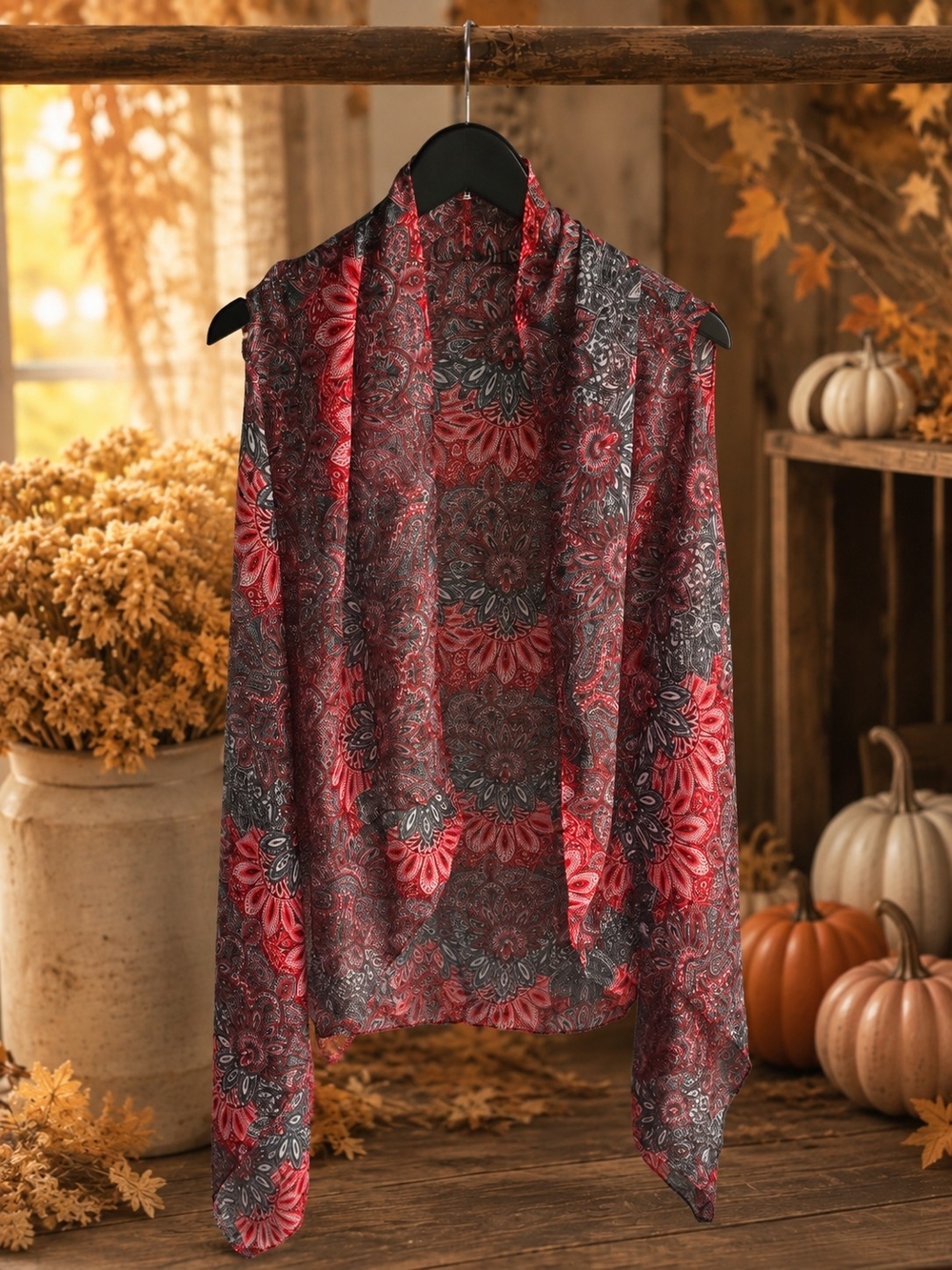 Women's Red Patterned Open-Front Shrug - Lightweight Layer